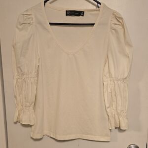 New York & Company Cream Blouse with Puff Sleeves